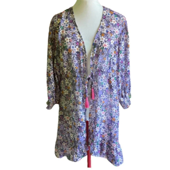 Blue Island Women's Kimono‎ Beach Cover-up, Size Large Ruffled Floral Tassels - Picture 1 of 13